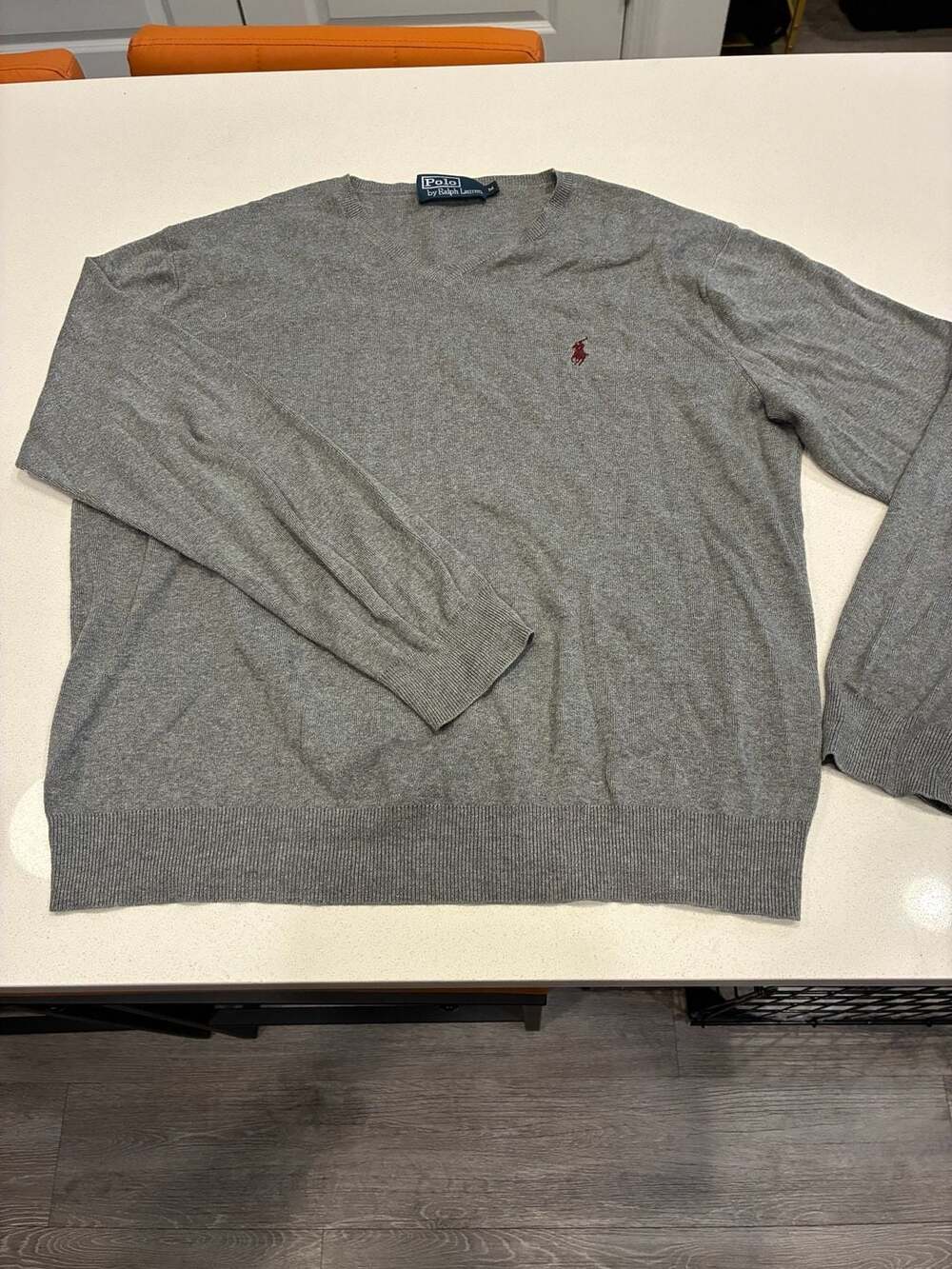 Polo Ralph Lauren Men's Gray V-Neck Sweater with Burgundy Pony Logo Size Medium